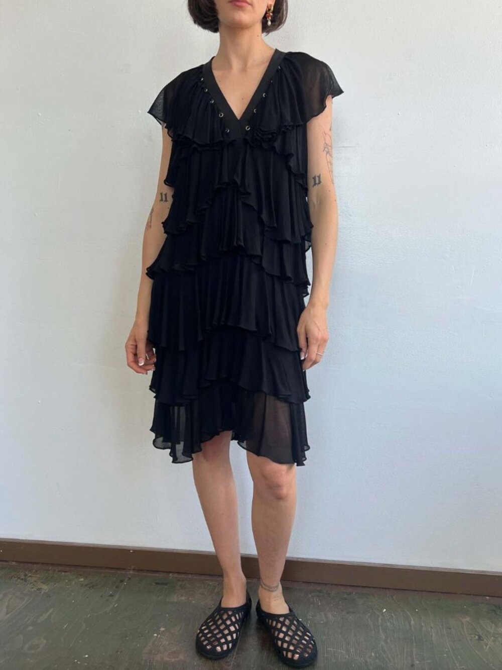 Givenchy Black Ruffle Layer Pleated Mini Dress size 6/38